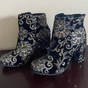 Black and Gold Floral Embroidered Booties